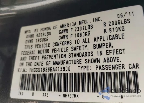 2011 Honda Accord Lx-S z USA, uszkodzony, nr VIN 1HGCS1B36BA015900